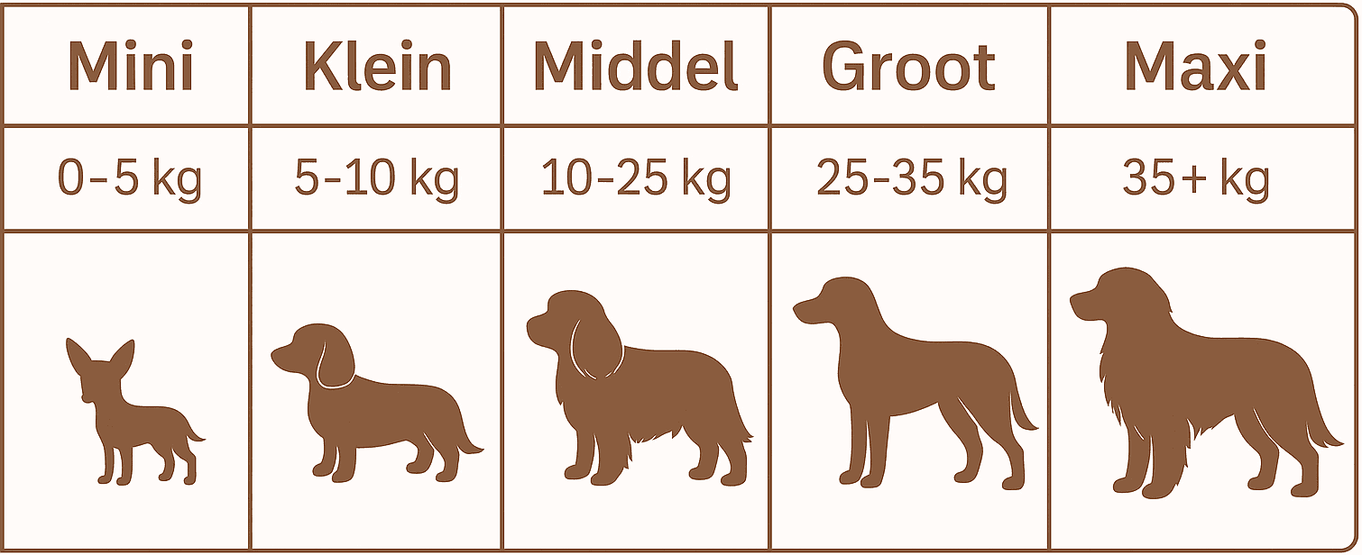 Hondengroottes - Mini, Klein, Middel, Groot, Maxi